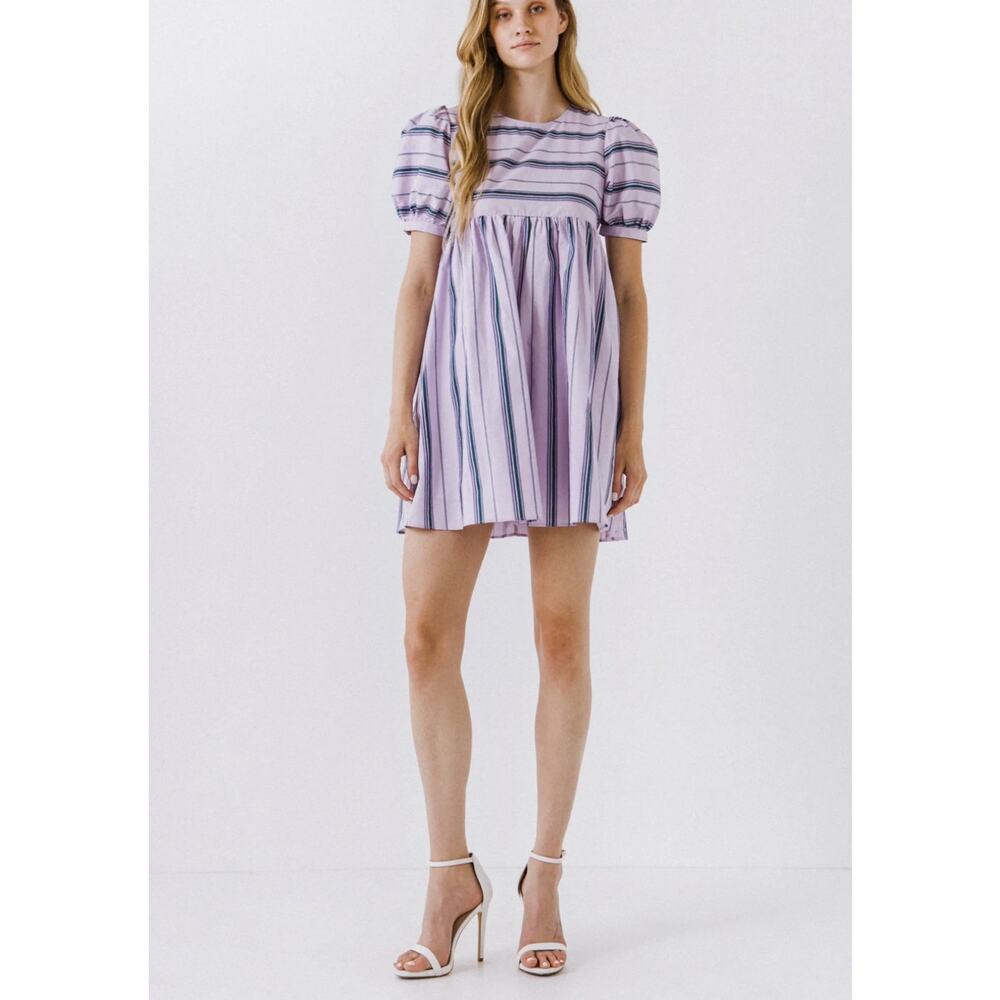 English Factory Puff Sleeve Striped Mini Dress size M Lilac Relaxed Babydoll New - Picture 10 of 10